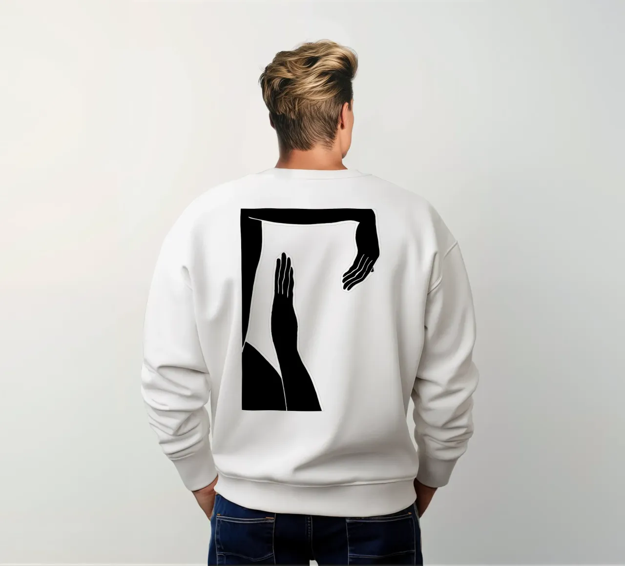 Touching shadows: Abstract hand gestures in black and white sweatshirt by Kunst und Kontrast