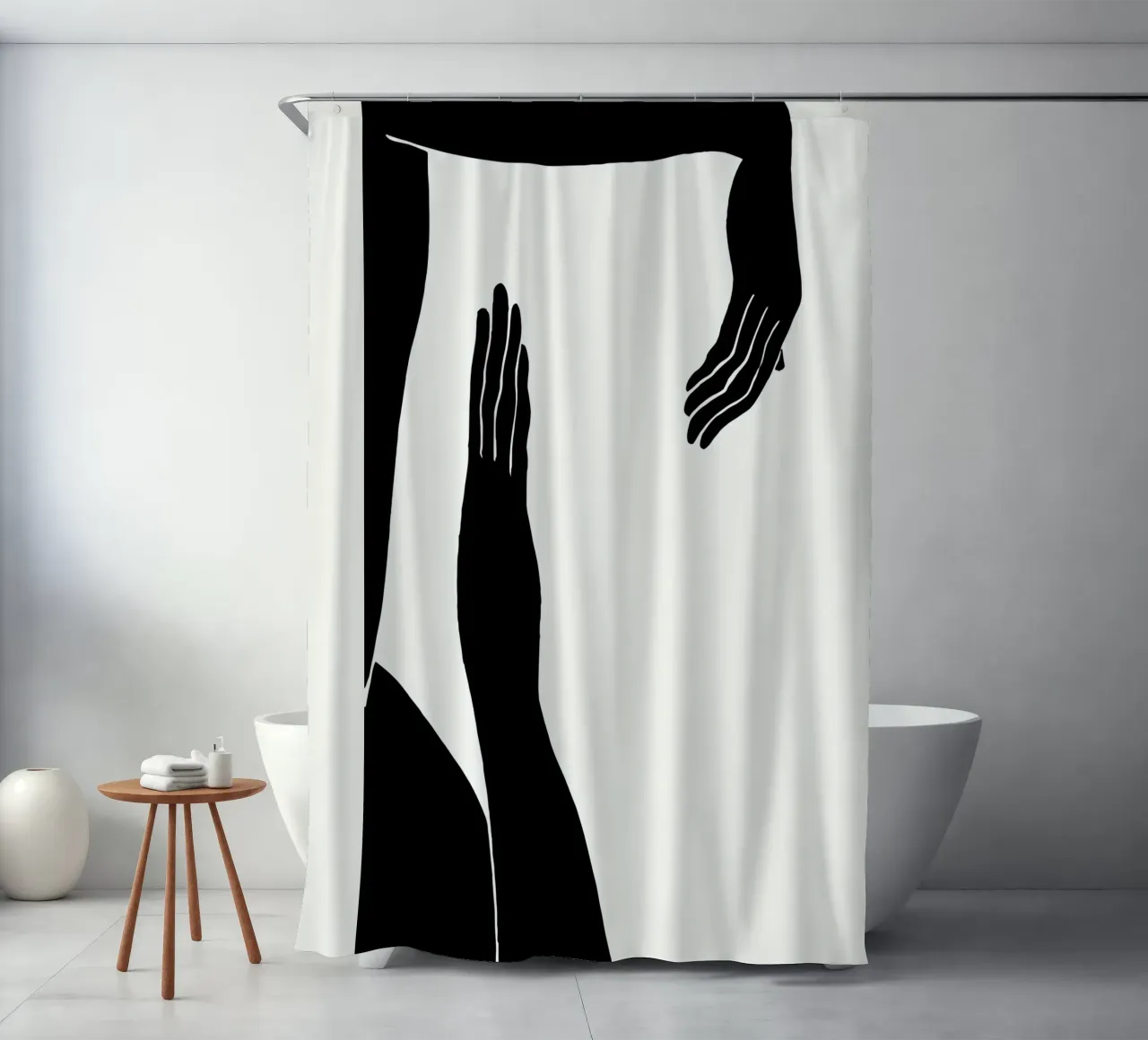 Schaduwen aanraken: Abstracte handgebaren in zwart-wit douchegordijn van Kunst und Kontrast