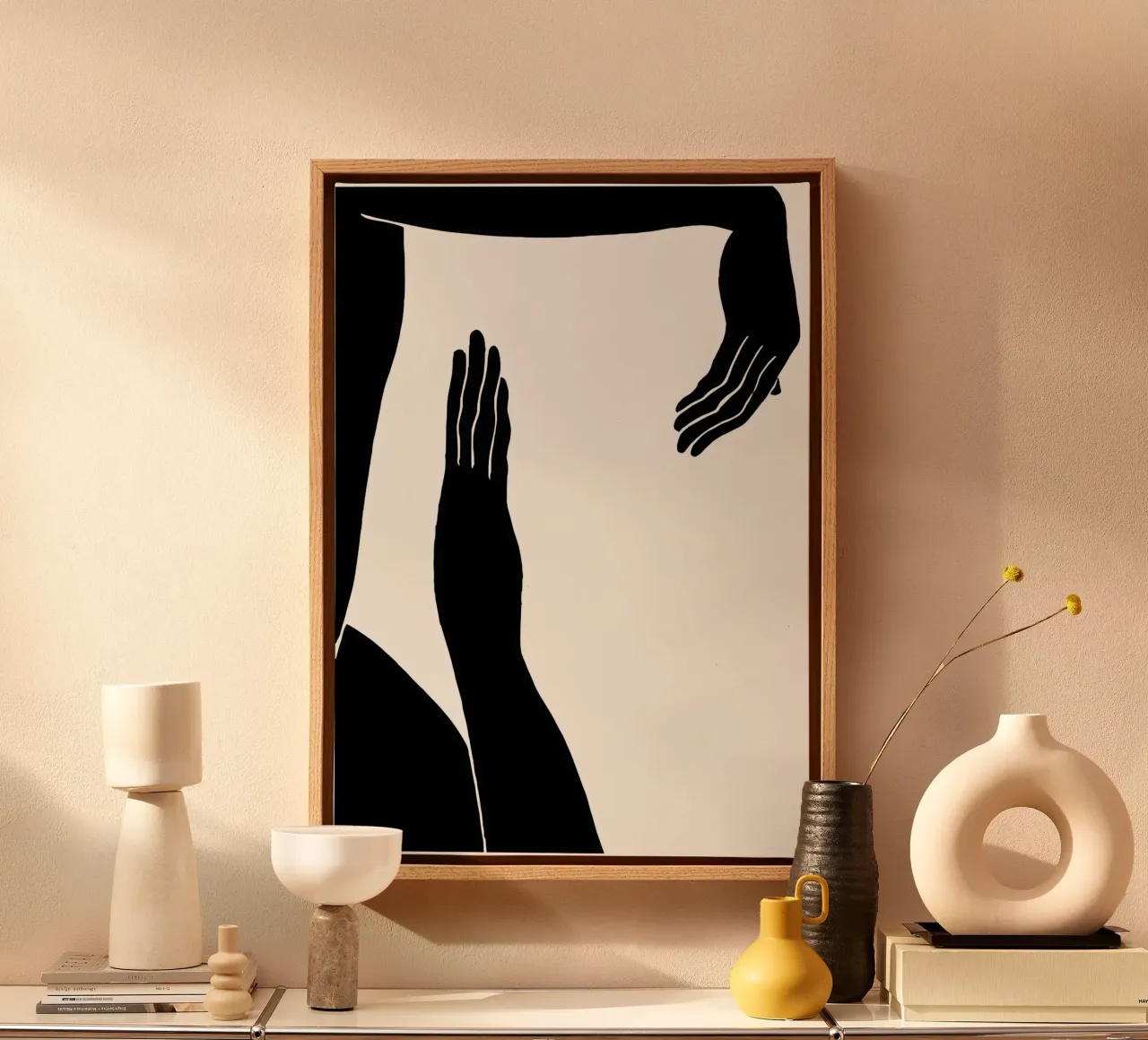 Schaduwen aanraken: Abstracte handgebaren in zwart-wit canvas van Kunst und Kontrast