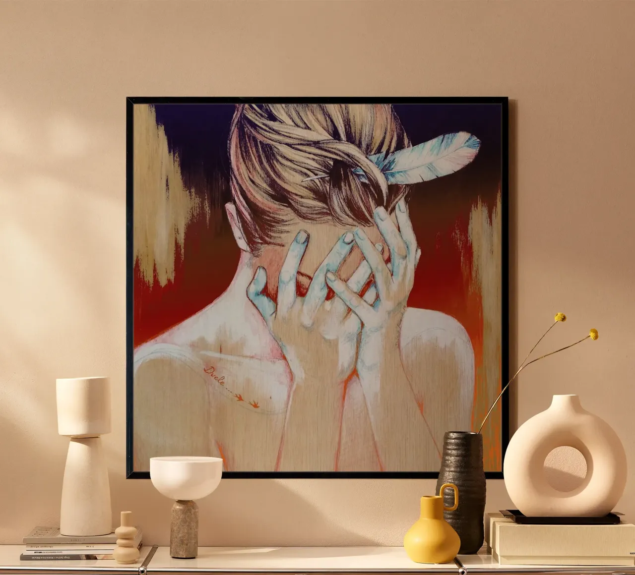 It hurts... (hand drawn woman portrait) poster with wooden frame by Susana Miranda ilustracion