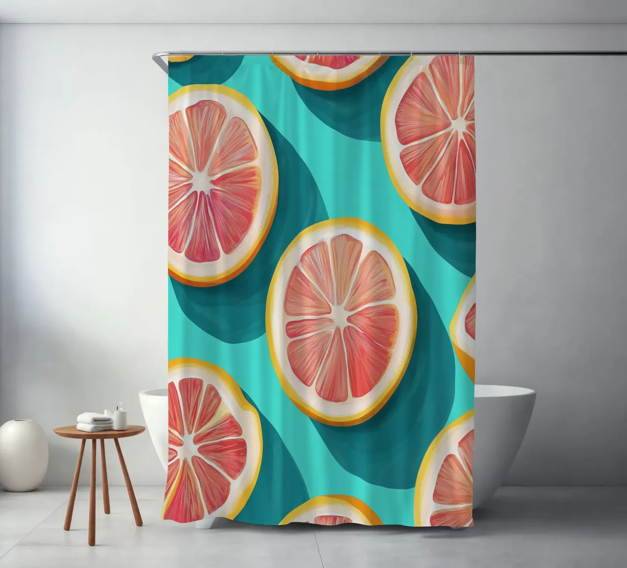 Grapefruit on a turquoise background shower curtain by Spice & Style