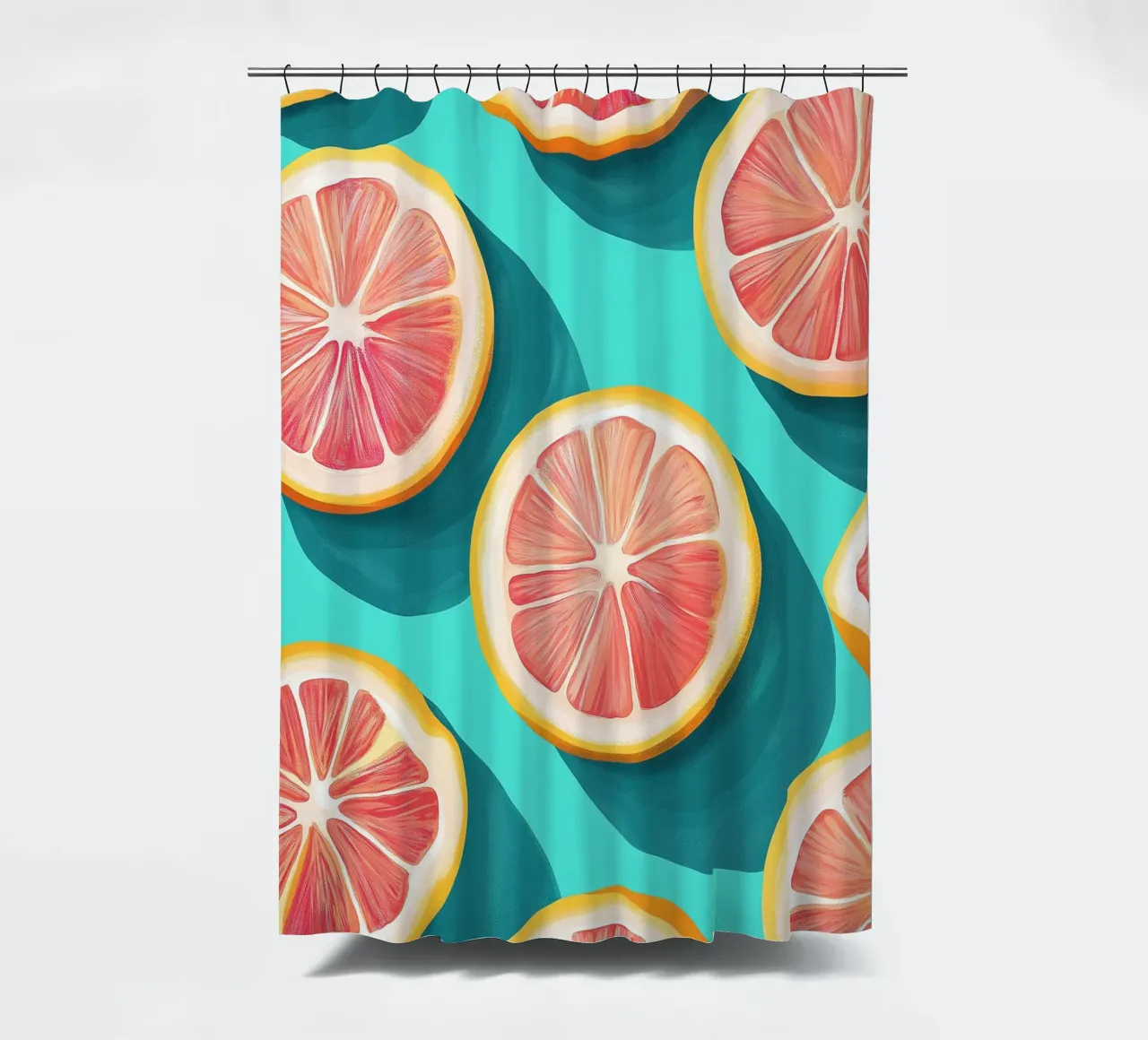 Grapefruit on a turquoise background shower curtain by Spice & Style