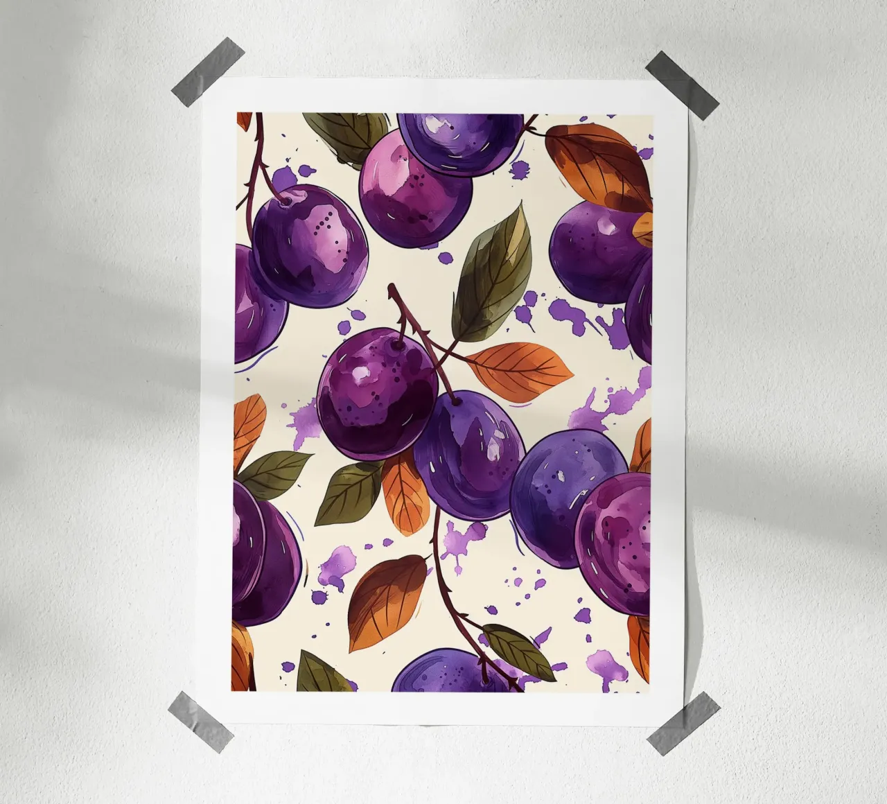 Prugne ad acquerello poster con telaio in legno da Spice & Style