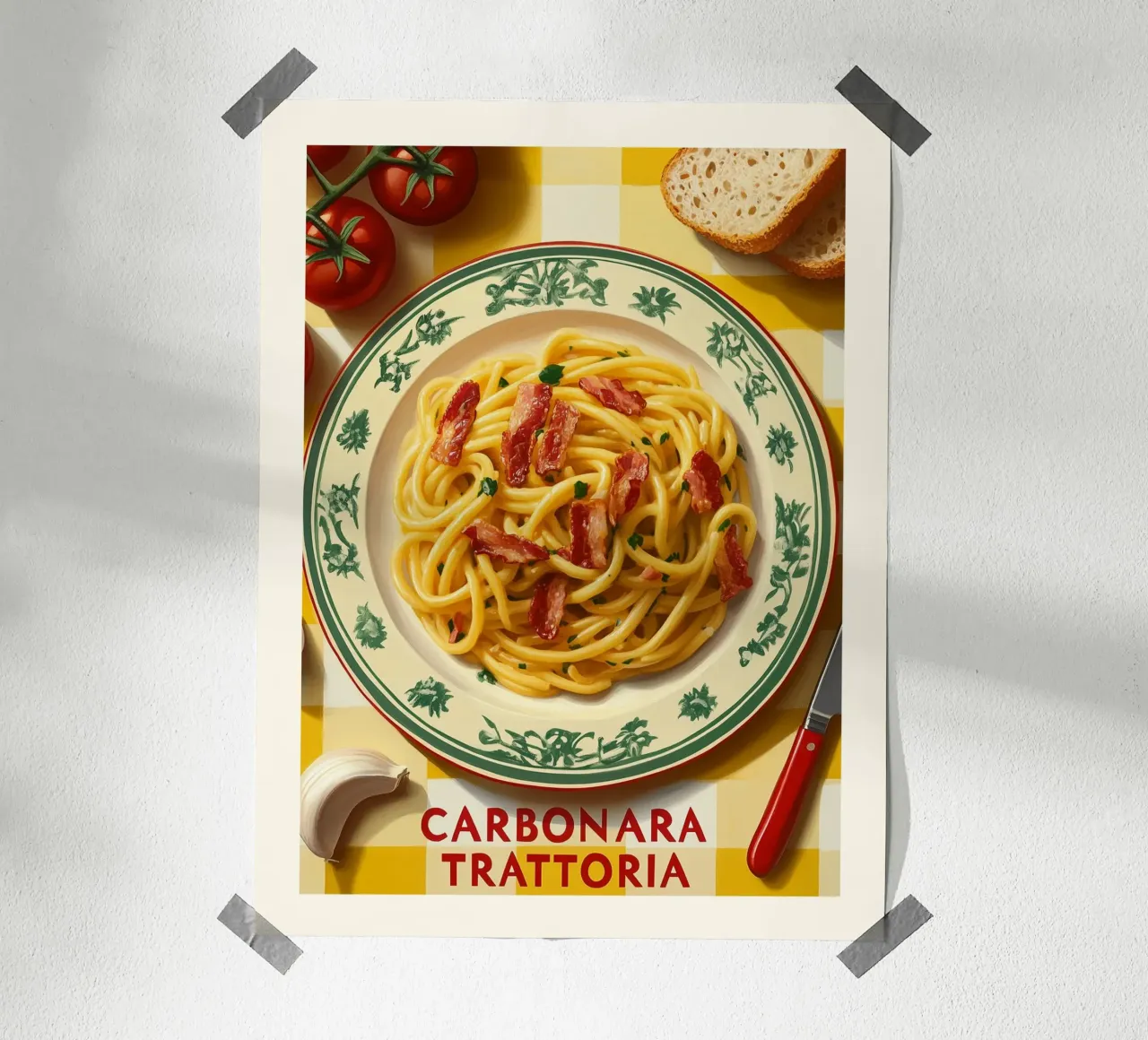 Carbonara Trattoria Art Poster poster con telaio in legno da Spice & Style
