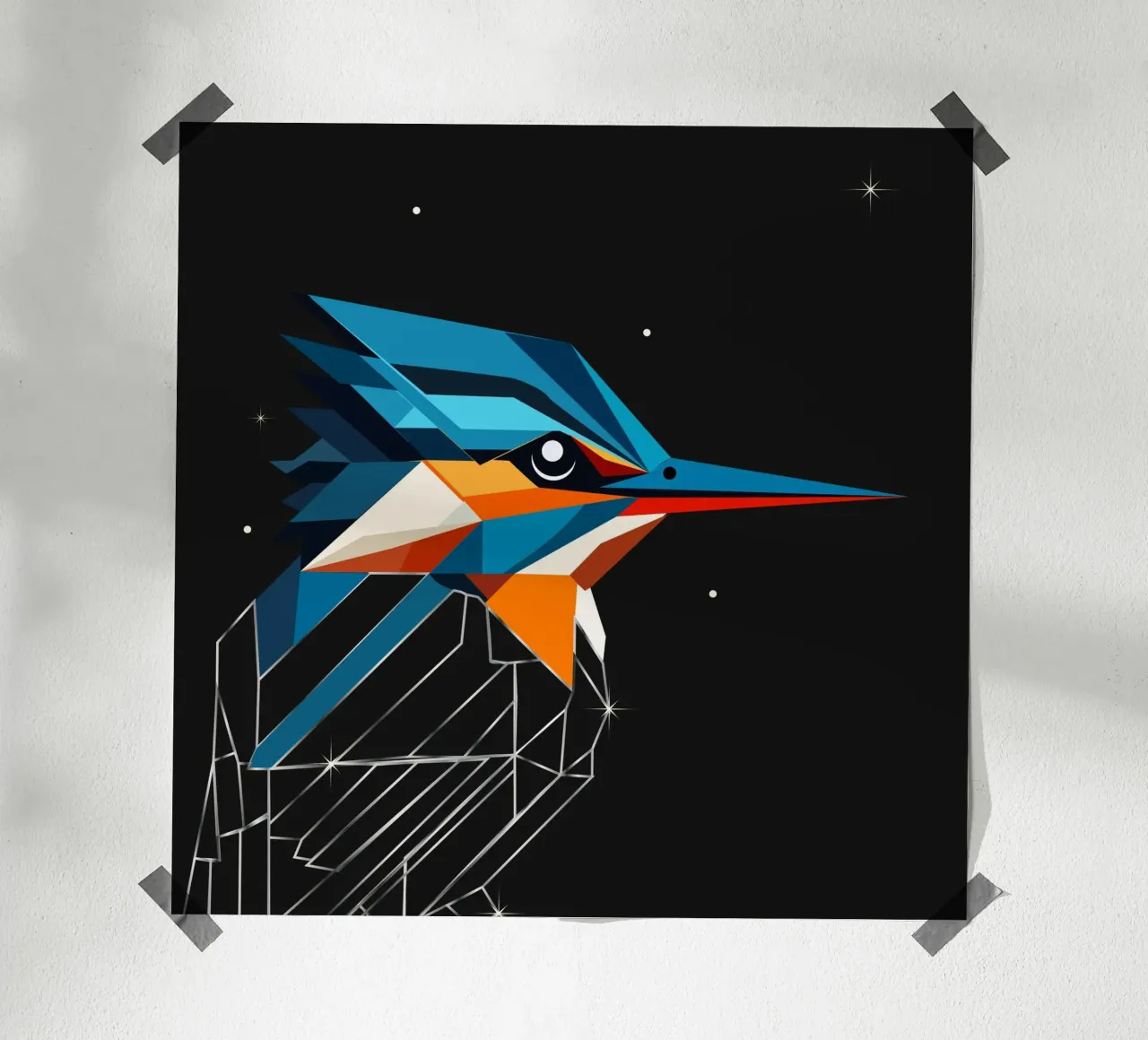 Martin pescatore geometrico: un tripudio di colori nel cielo notturno carta hahnemühle da namosh