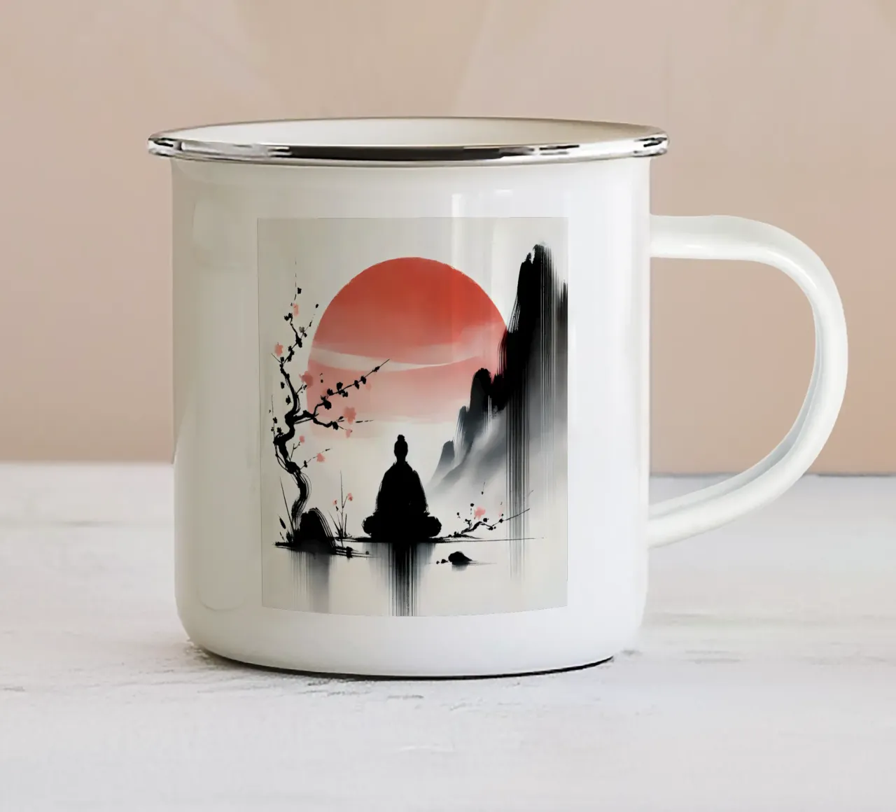 Meditazione - Stile Sumi-e tazza in smalto da spiritual