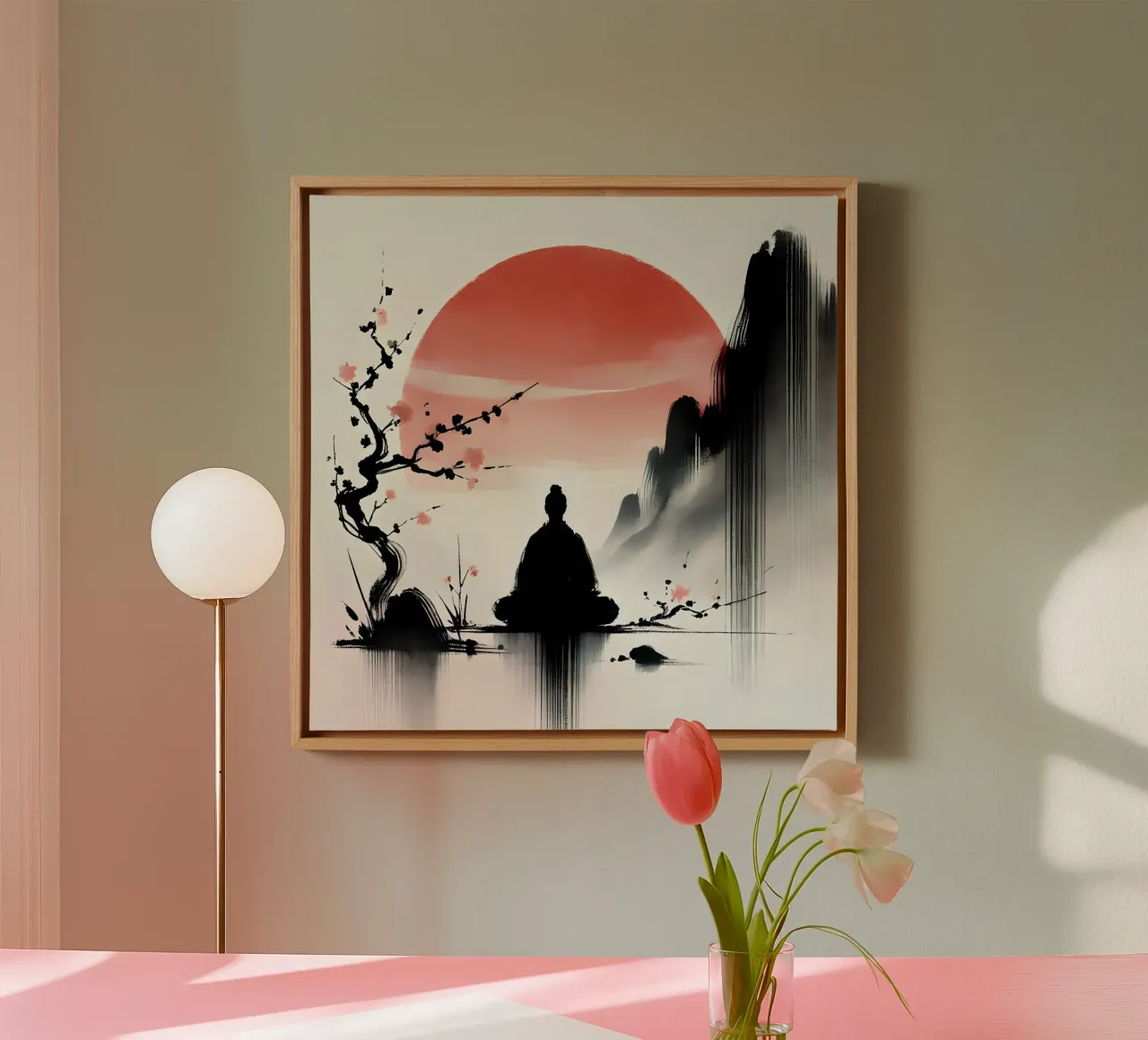 Meditatie - Sumi-e stijl canvas met Baklijst van spiritual