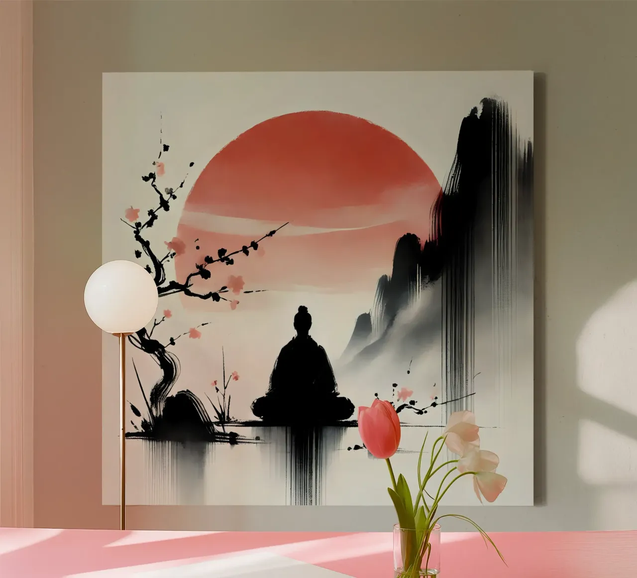 Meditatie - Sumi-e stijl canvas met Baklijst van spiritual