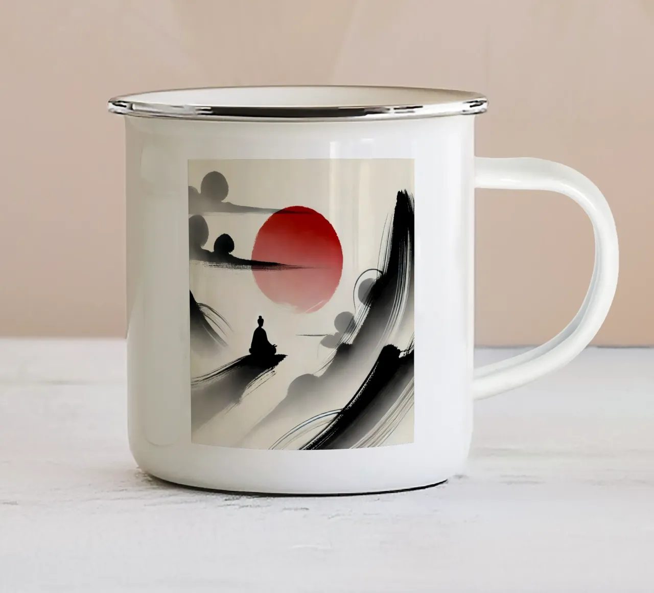Meditazione - Stile Sumi-e tazza in smalto da spiritual
