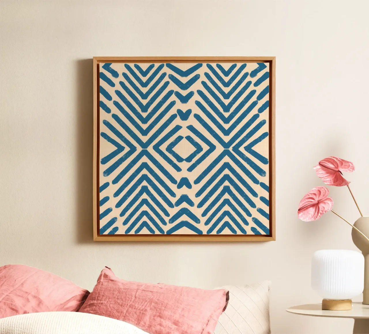 Retro Tribal Pijlen - Mid Eeuw Modern Geometrisch Blauw canvas met Baklijst van susanacosta