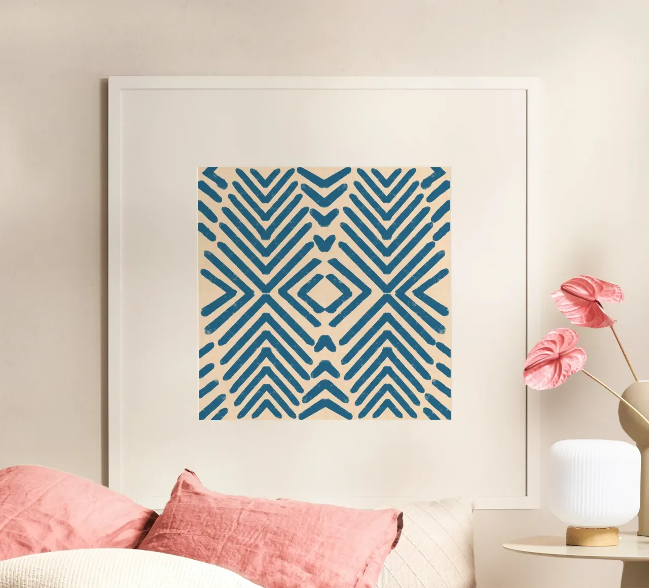 Retro Tribal Pijlen - Mid Eeuw Modern Geometrisch Blauw poster met houten frame van susanacosta