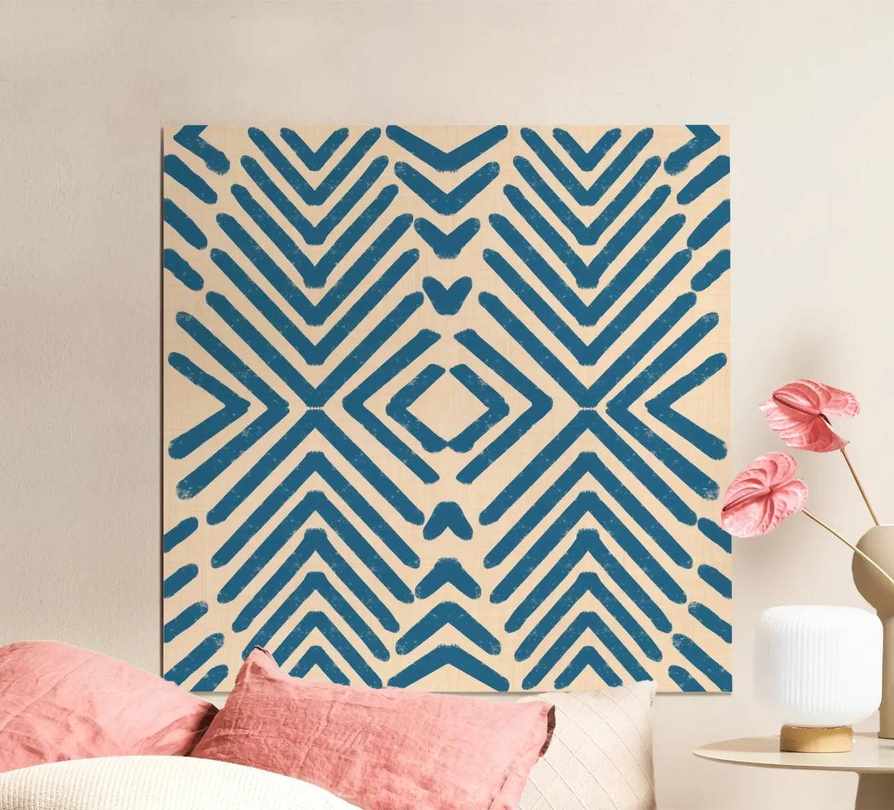 Retro Tribal Pijlen - Mid Eeuw Modern Geometrisch Blauw poster met houten frame van susanacosta