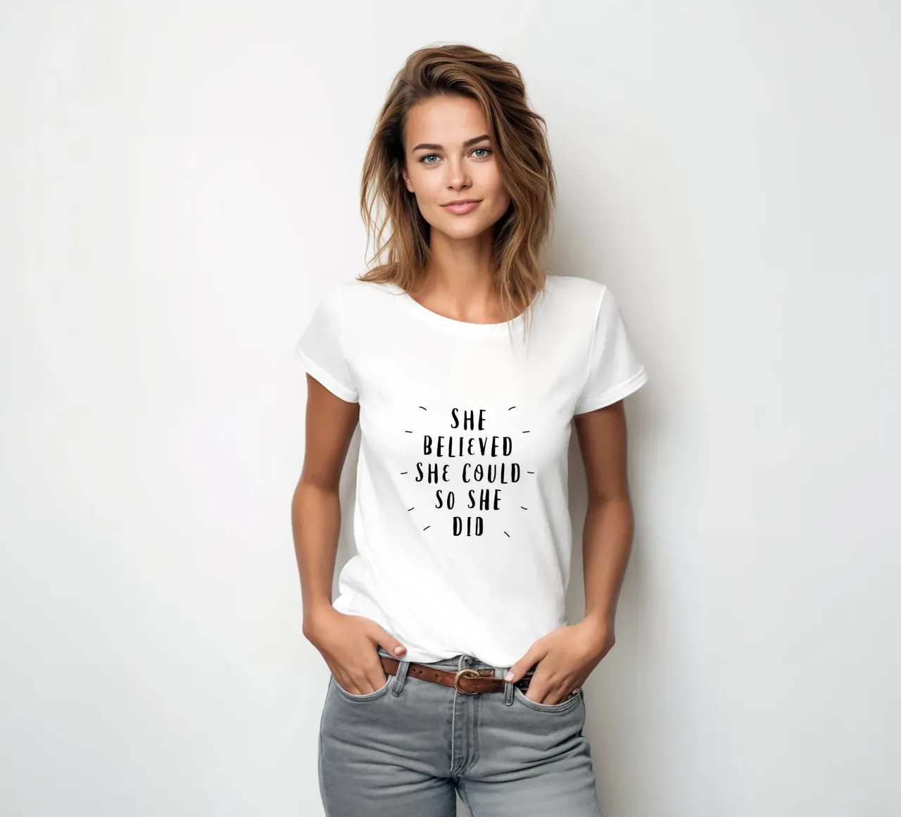 She Believed She Could So She Did Typografie Design in Black women's fitted t-shirt by THE MOTIVATED TYPE