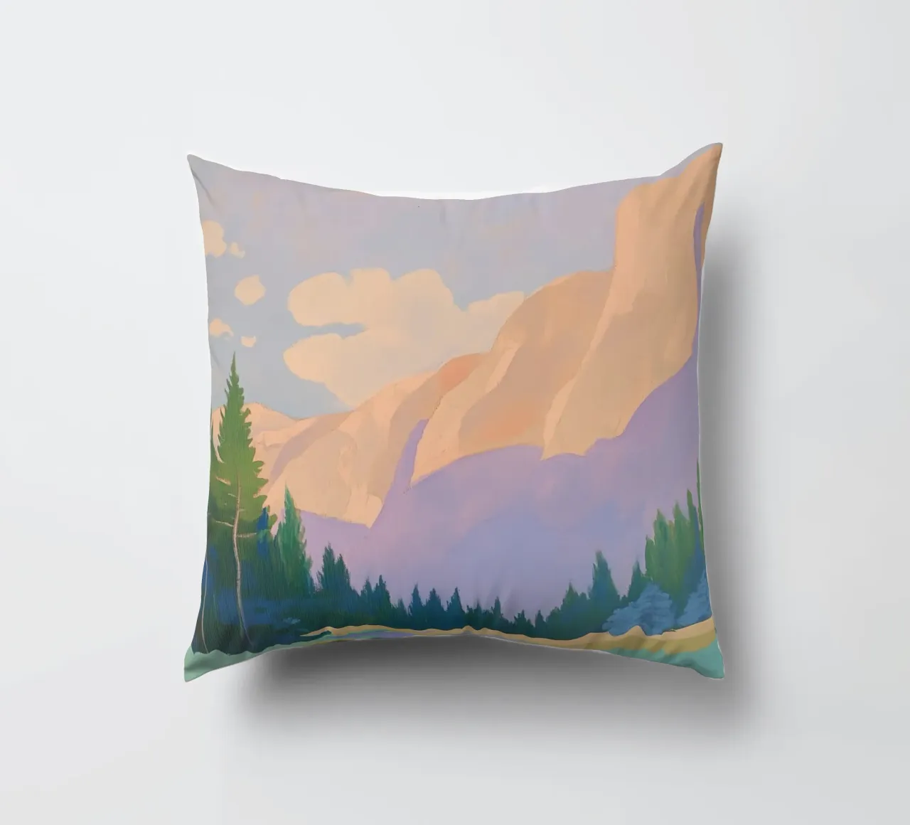 Paesaggio montano con pini cuscino da Melloi Art Print