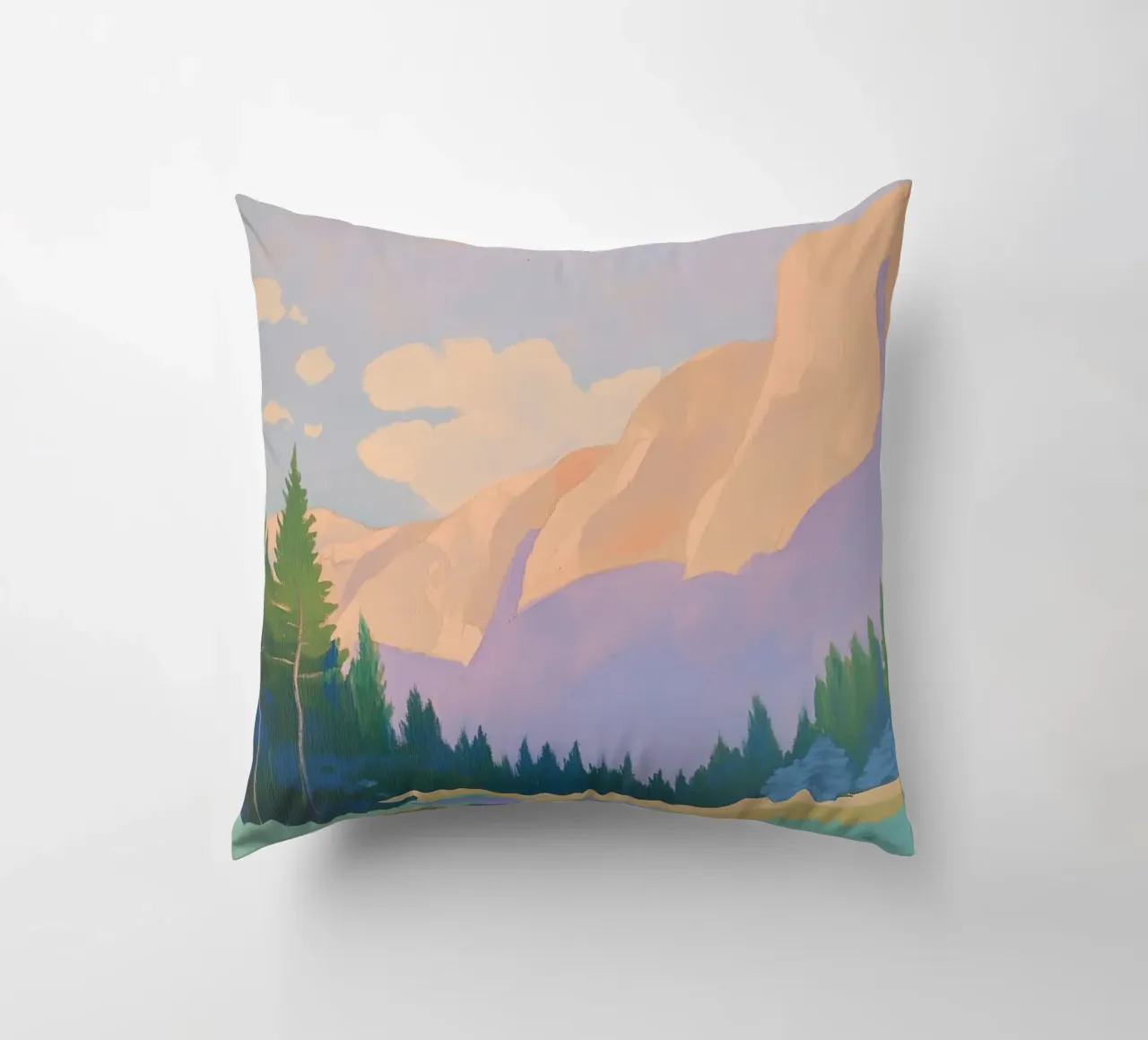 Paesaggio montano con pini cuscino da Melloi Art Print