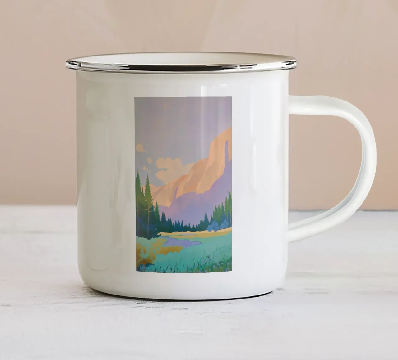 Paesaggio montano con pini tazza in smalto da Melloi Art Print