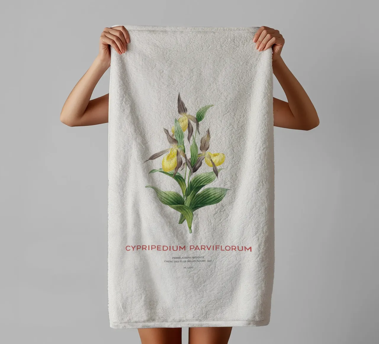 Yellow lady's slipper or Cypripedium Parviflorum towel by Vintagrafica