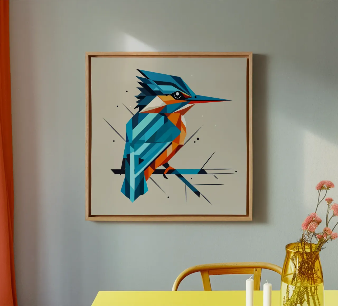 Geometric kingfisher on branch - Modern nature art canvas with Floater frame by namosh