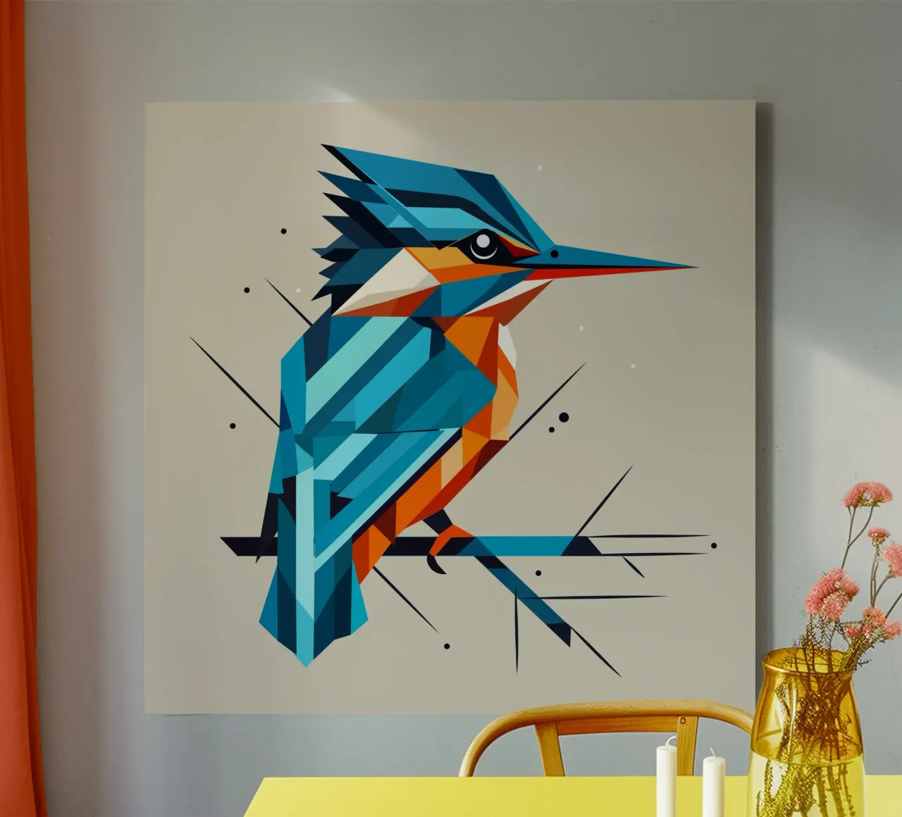 Geometric kingfisher on branch - Modern nature art canvas with Floater frame by namosh