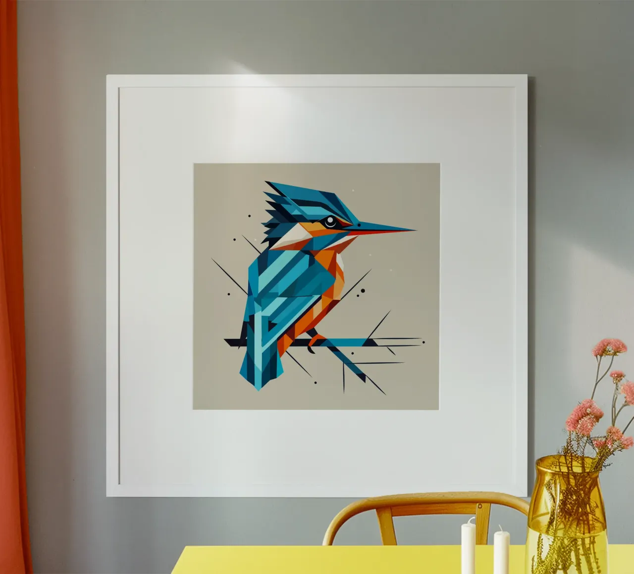 Martin pescatore geometrico su un ramo - Arte della natura moderna poster con telaio in legno da namosh