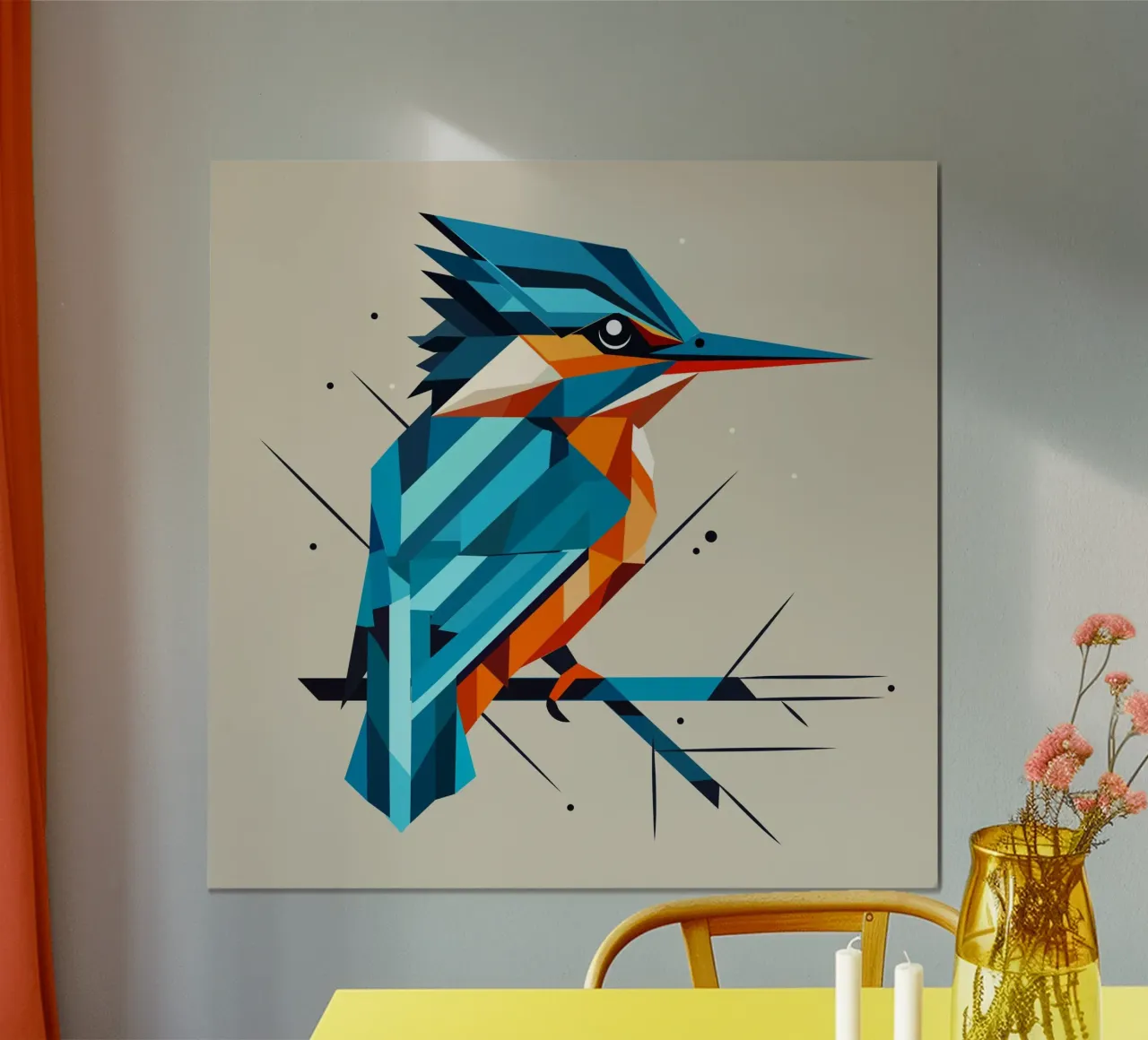 Martin pescatore geometrico su un ramo - Arte della natura moderna poster con telaio in legno da namosh