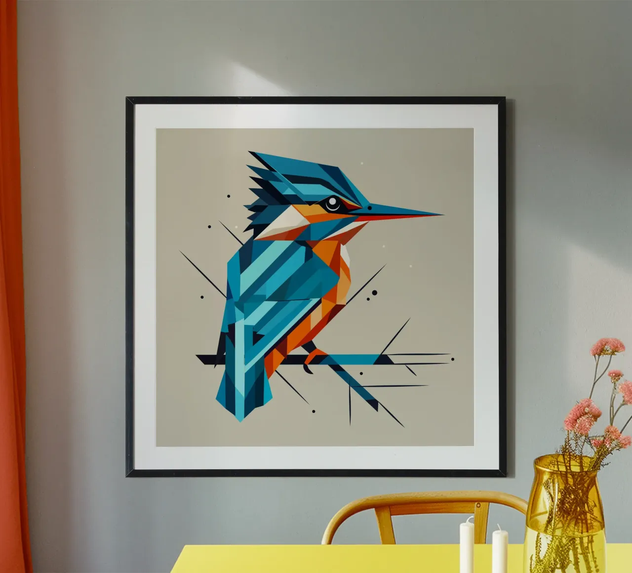 Martin pescatore geometrico su un ramo - Arte della natura moderna poster con telaio in legno da namosh