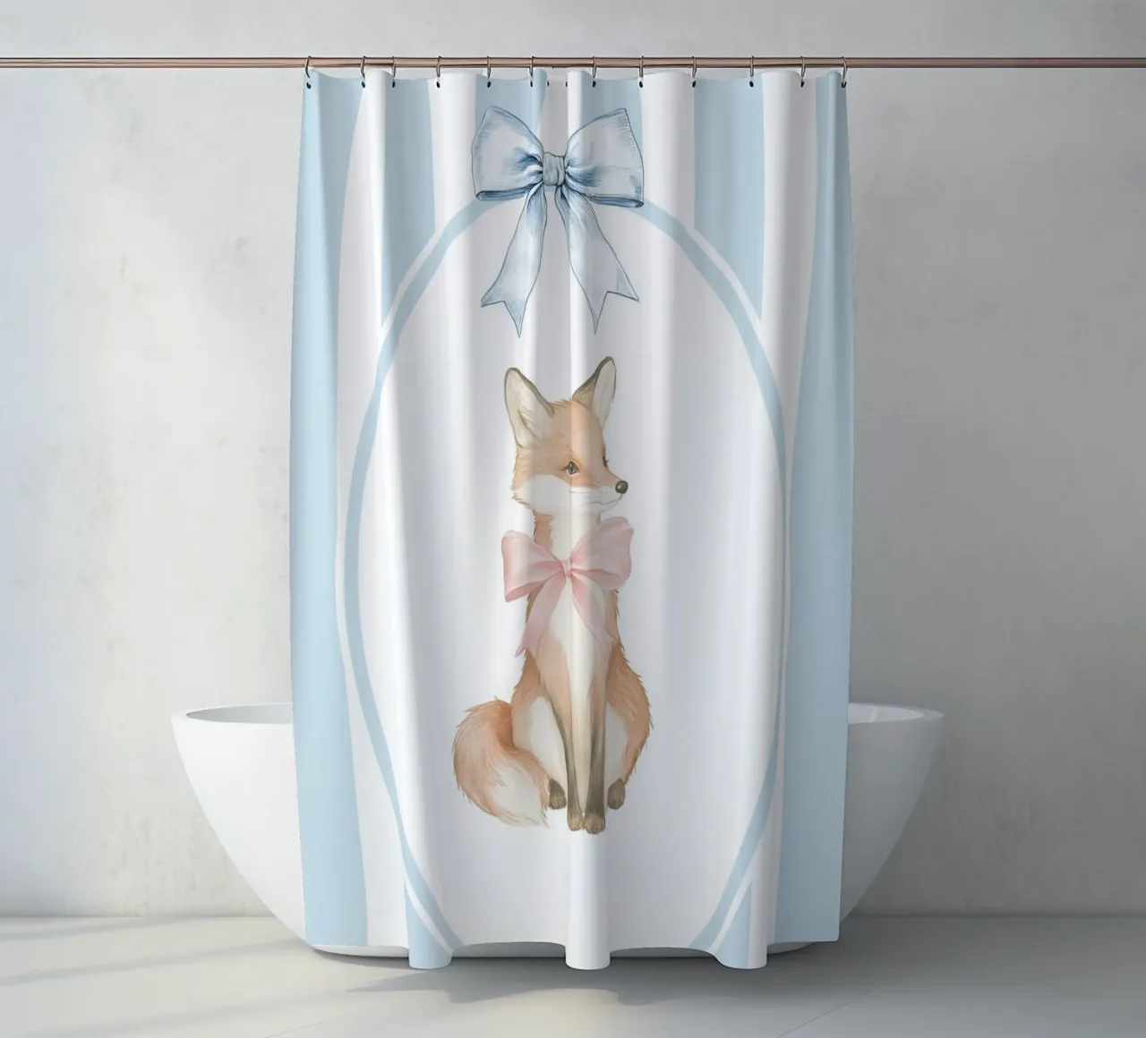 Illustrazione di volpe con strisce bianche e blu tenda da doccia da Jungle Joy Art