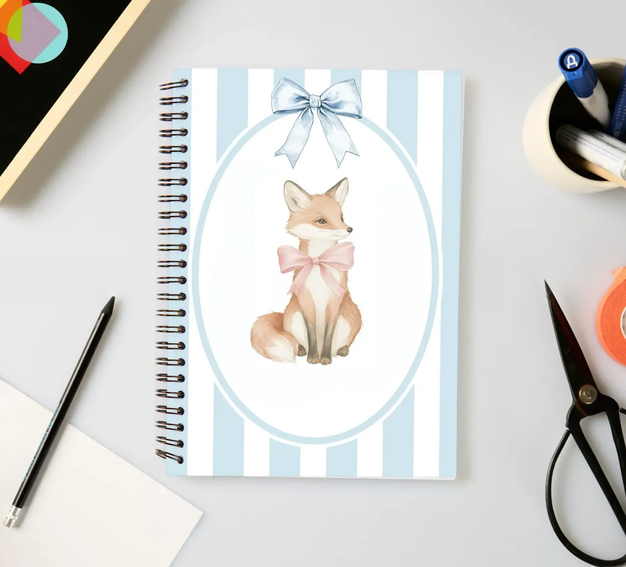 Fox Illustration with Blue and White Striped spiral notebook by Jungle Joy Art