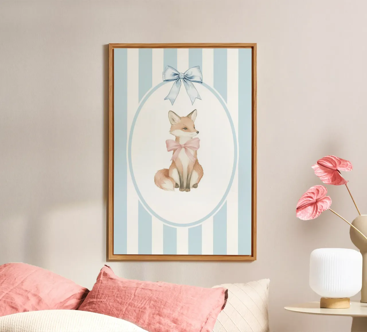 Illustrazione di volpe con strisce bianche e blu alluminio dibond da Jungle Joy Art