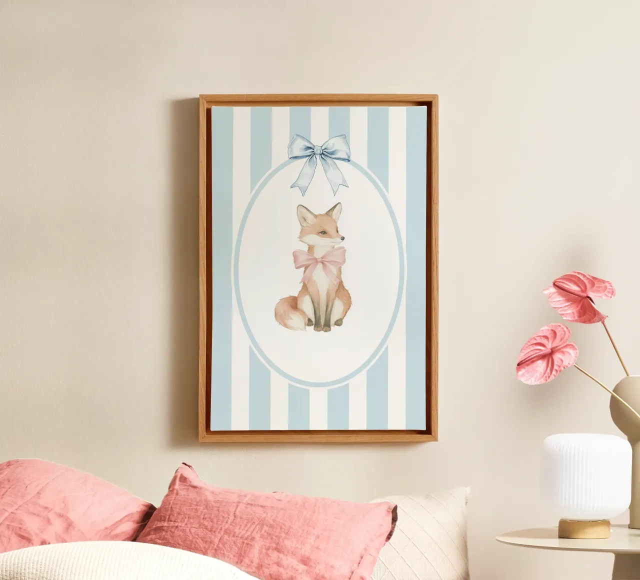 Illustrazione di volpe con strisce bianche e blu tela con Cornice a cassetta da Jungle Joy Art