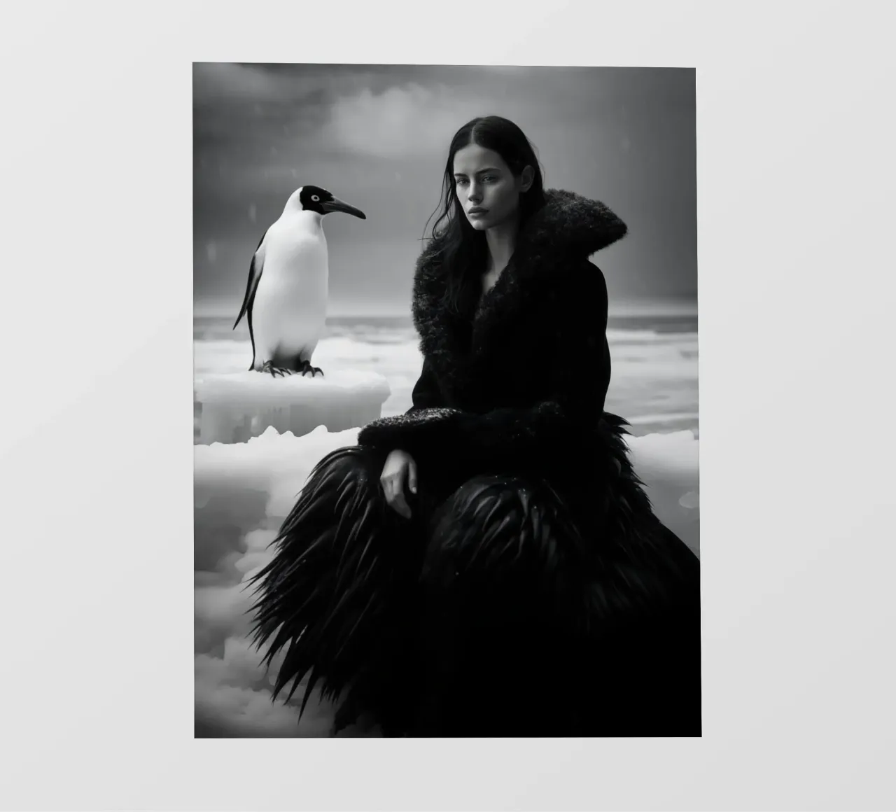 Ritratto invernale di una donna con un pinguino in bianco e nero pellicola backlit da Autofocus