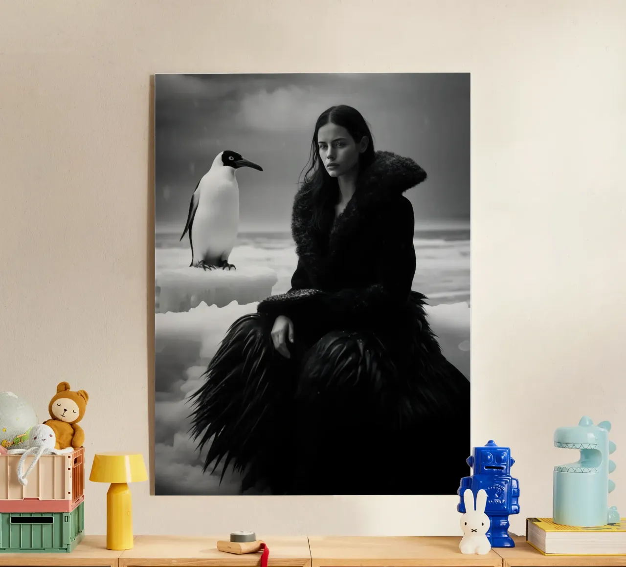 Ritratto invernale di una donna con un pinguino in bianco e nero plexiglass da Autofocus