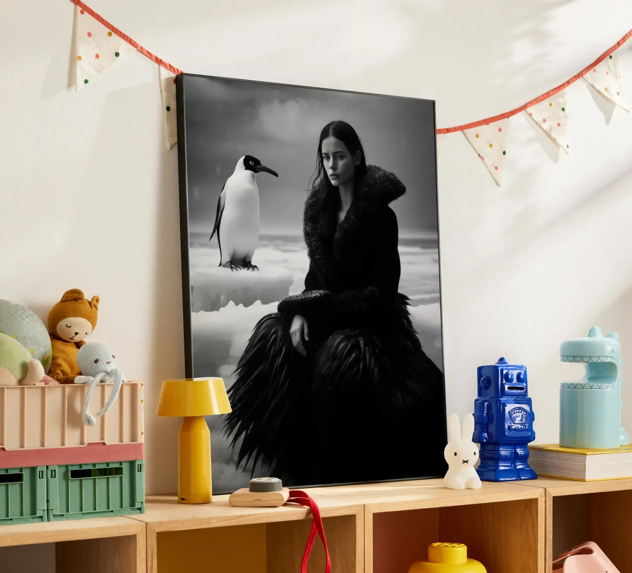 Ritratto invernale di una donna con un pinguino in bianco e nero alluminio dibond da Autofocus