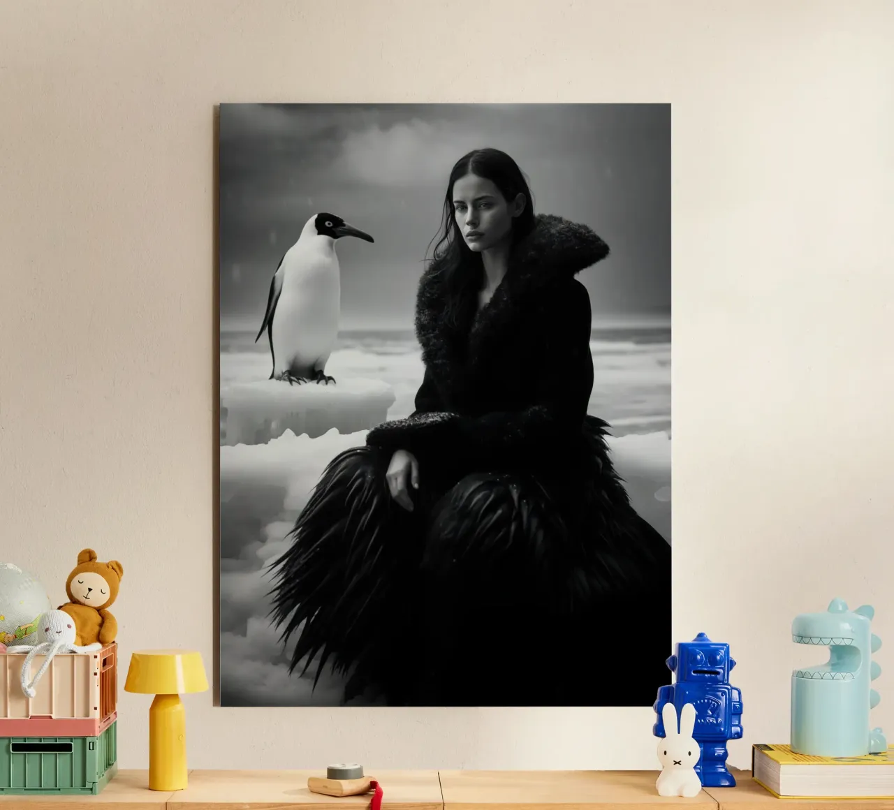 Ritratto invernale di una donna con un pinguino in bianco e nero alluminio dibond da Autofocus