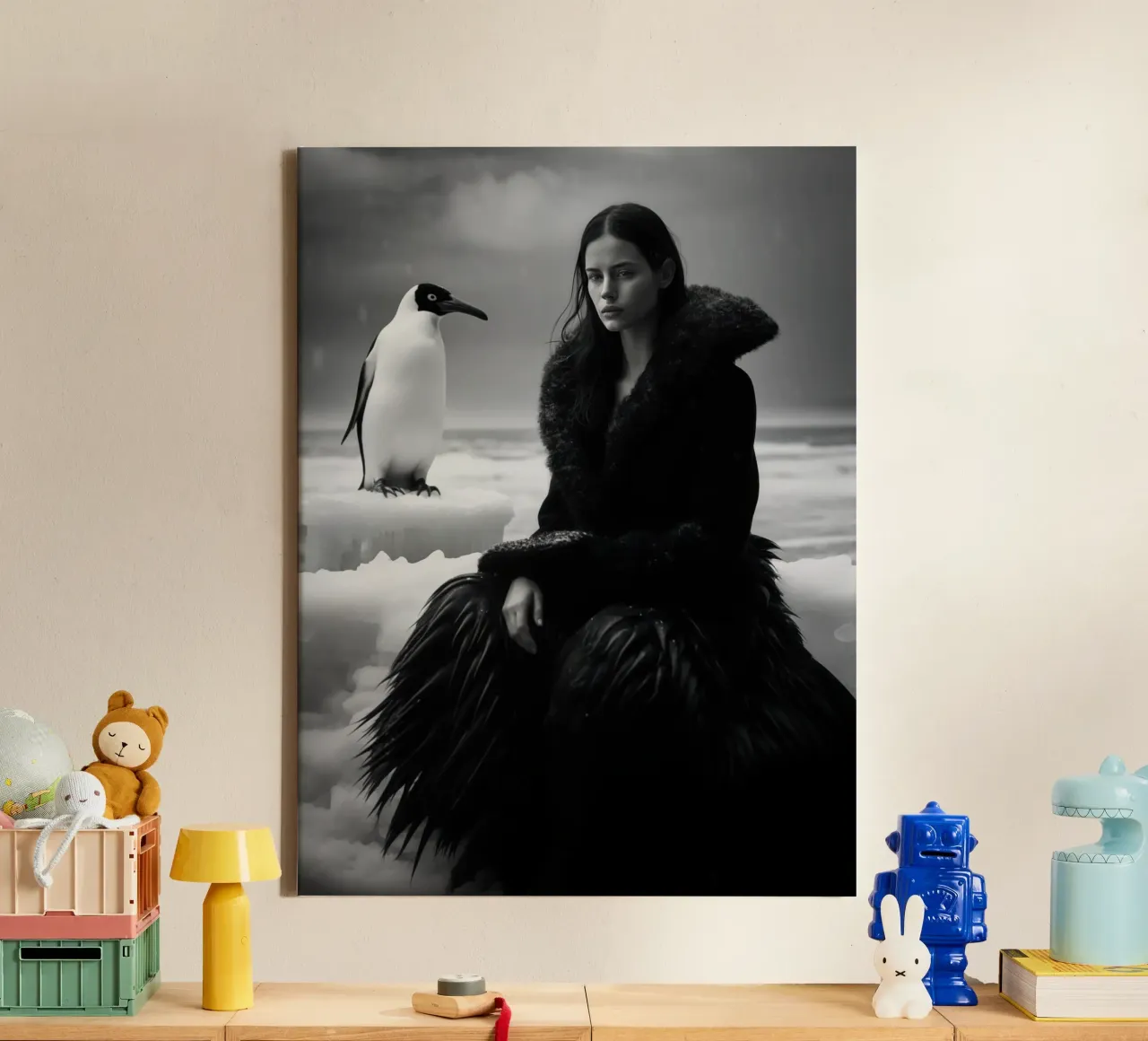 Ritratto invernale di una donna con un pinguino in bianco e nero tela con Cornice a cassetta da Autofocus