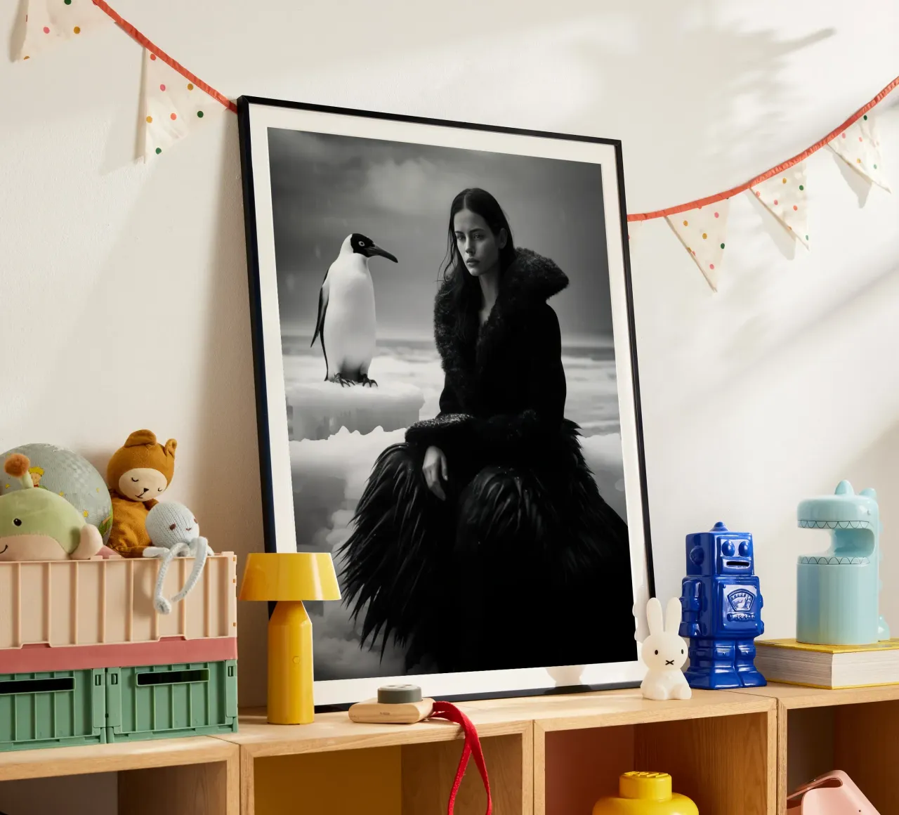 Ritratto invernale di una donna con un pinguino in bianco e nero poster da Autofocus