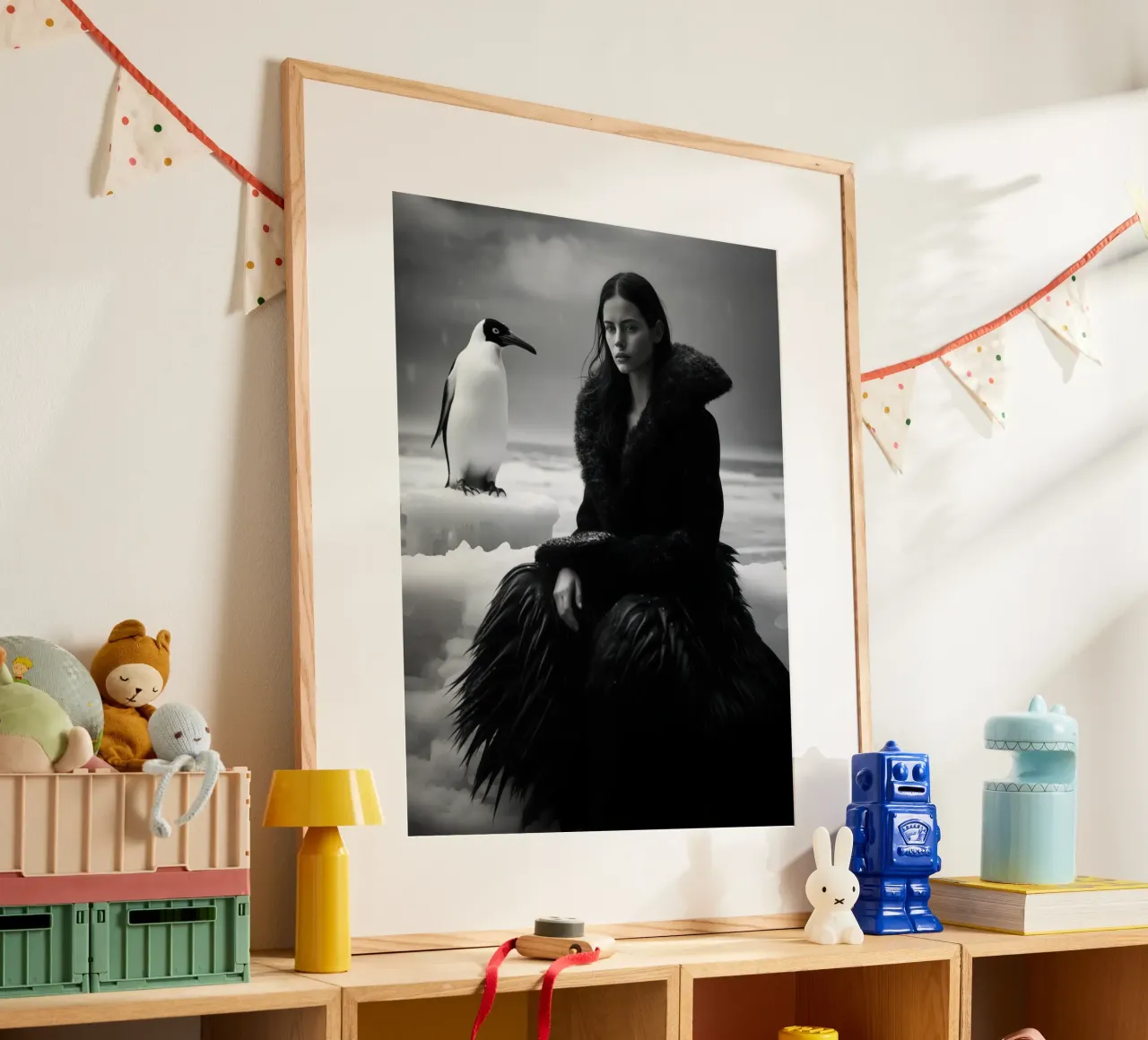 Ritratto invernale di una donna con un pinguino in bianco e nero poster con telaio in plastica da Autofocus