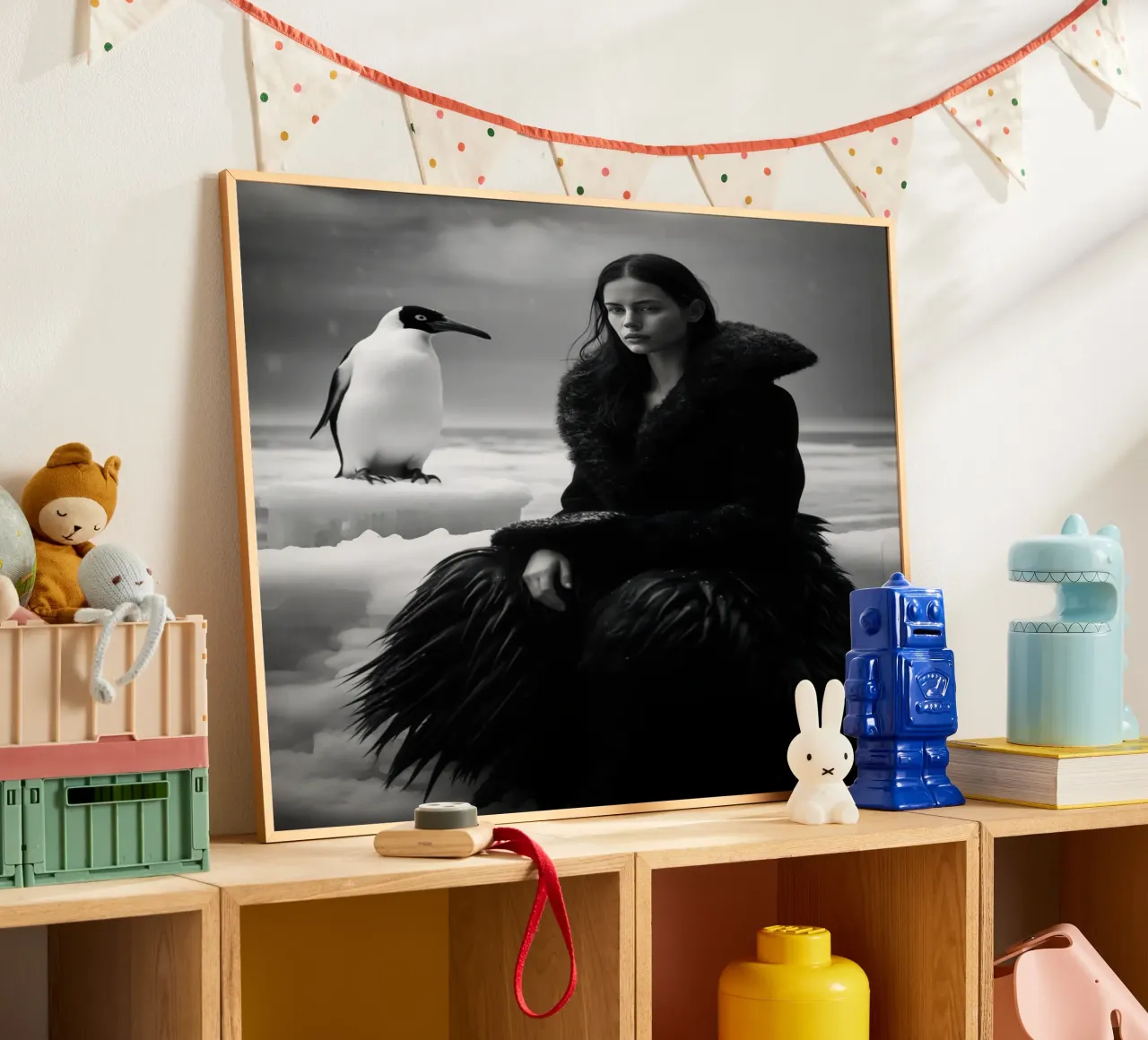 Ritratto invernale di una donna con un pinguino in bianco e nero poster con telaio in plastica da Autofocus