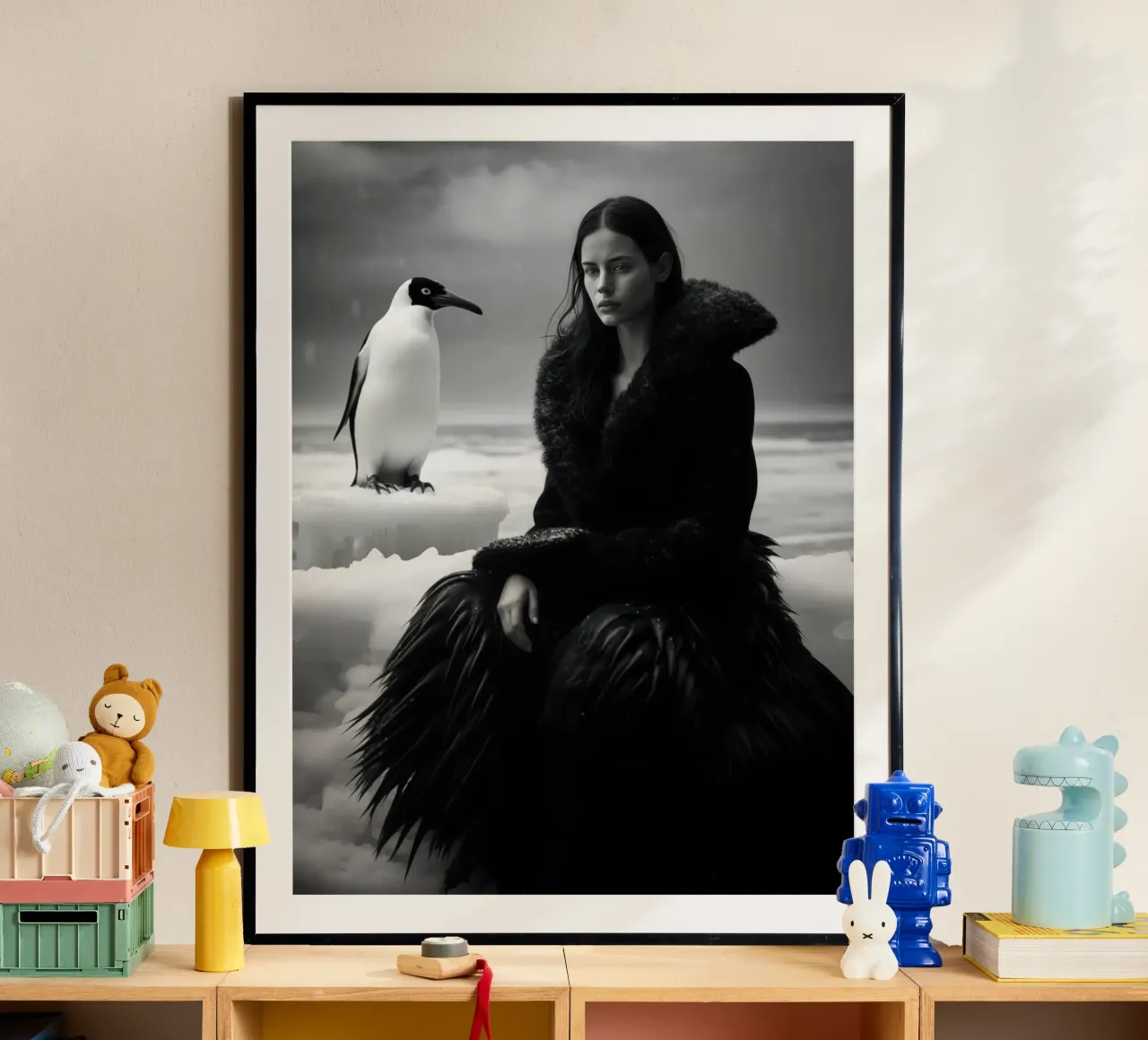 Ritratto invernale di una donna con un pinguino in bianco e nero poster da Autofocus