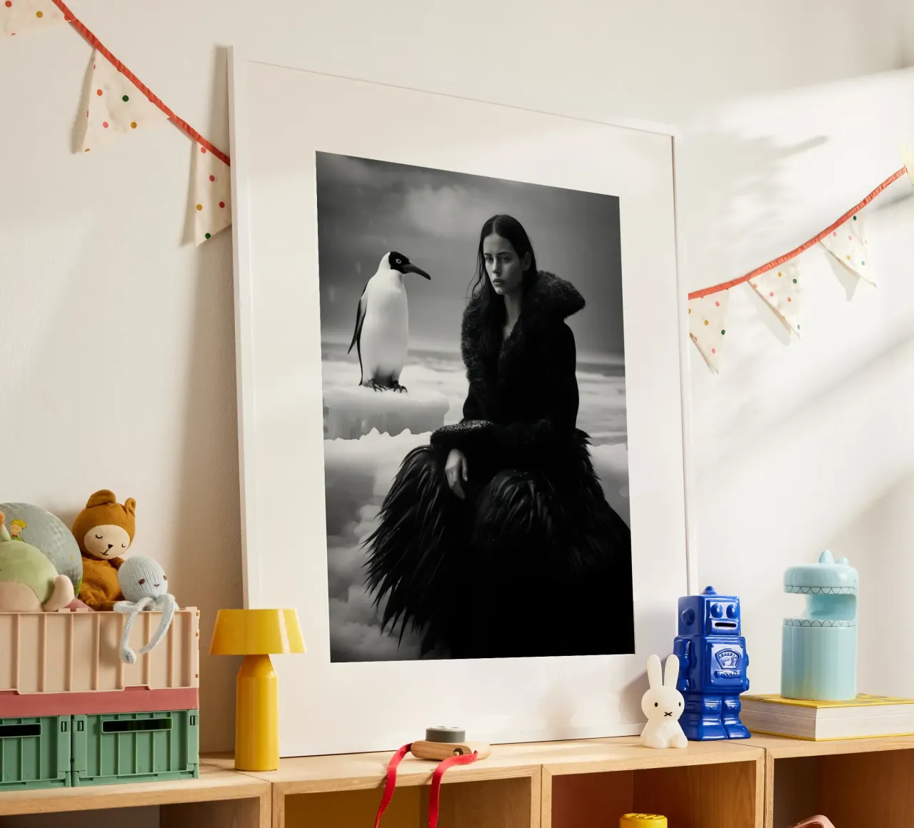 Ritratto invernale di una donna con un pinguino in bianco e nero poster da Autofocus