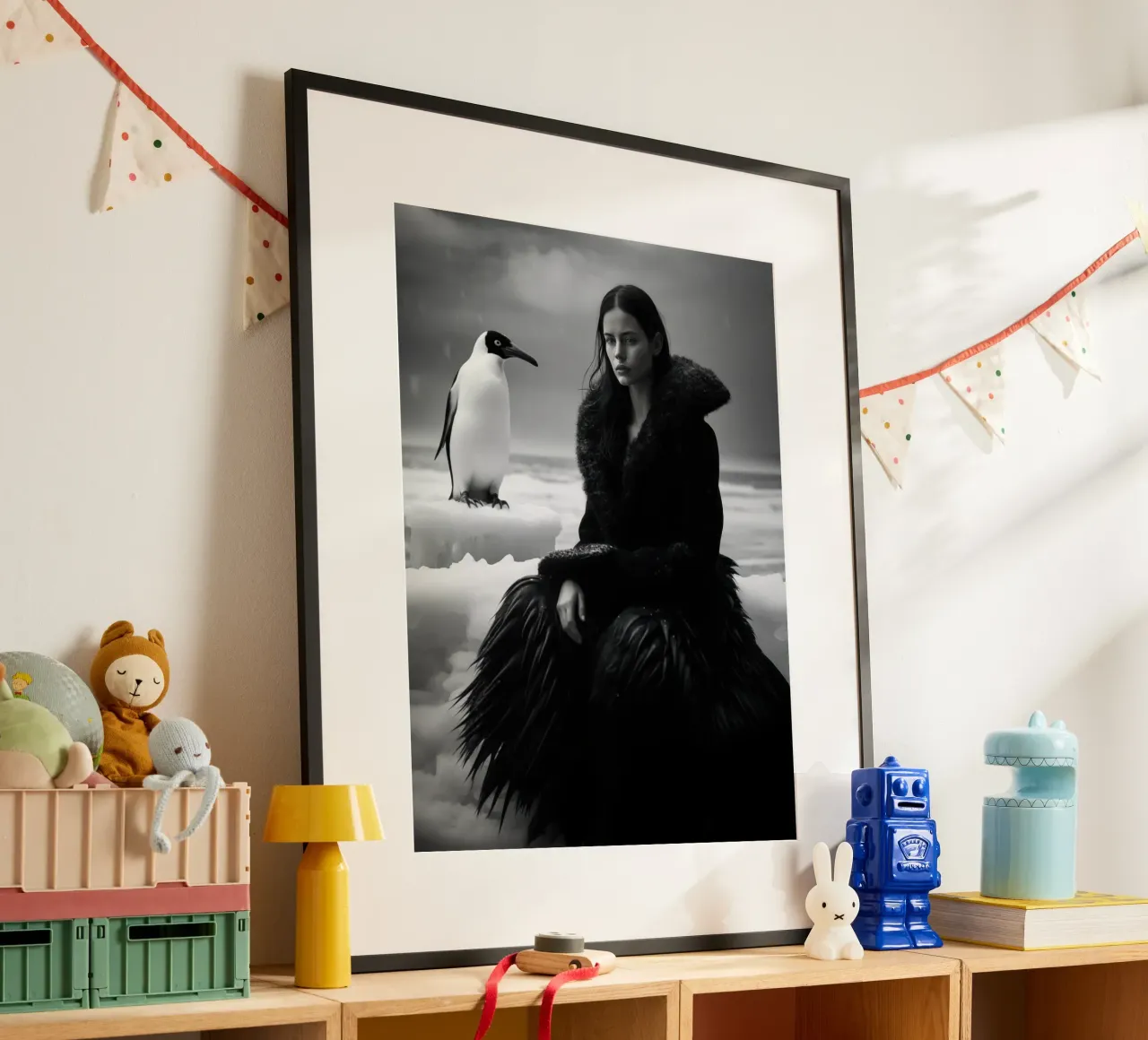Ritratto invernale di una donna con un pinguino in bianco e nero poster da Autofocus