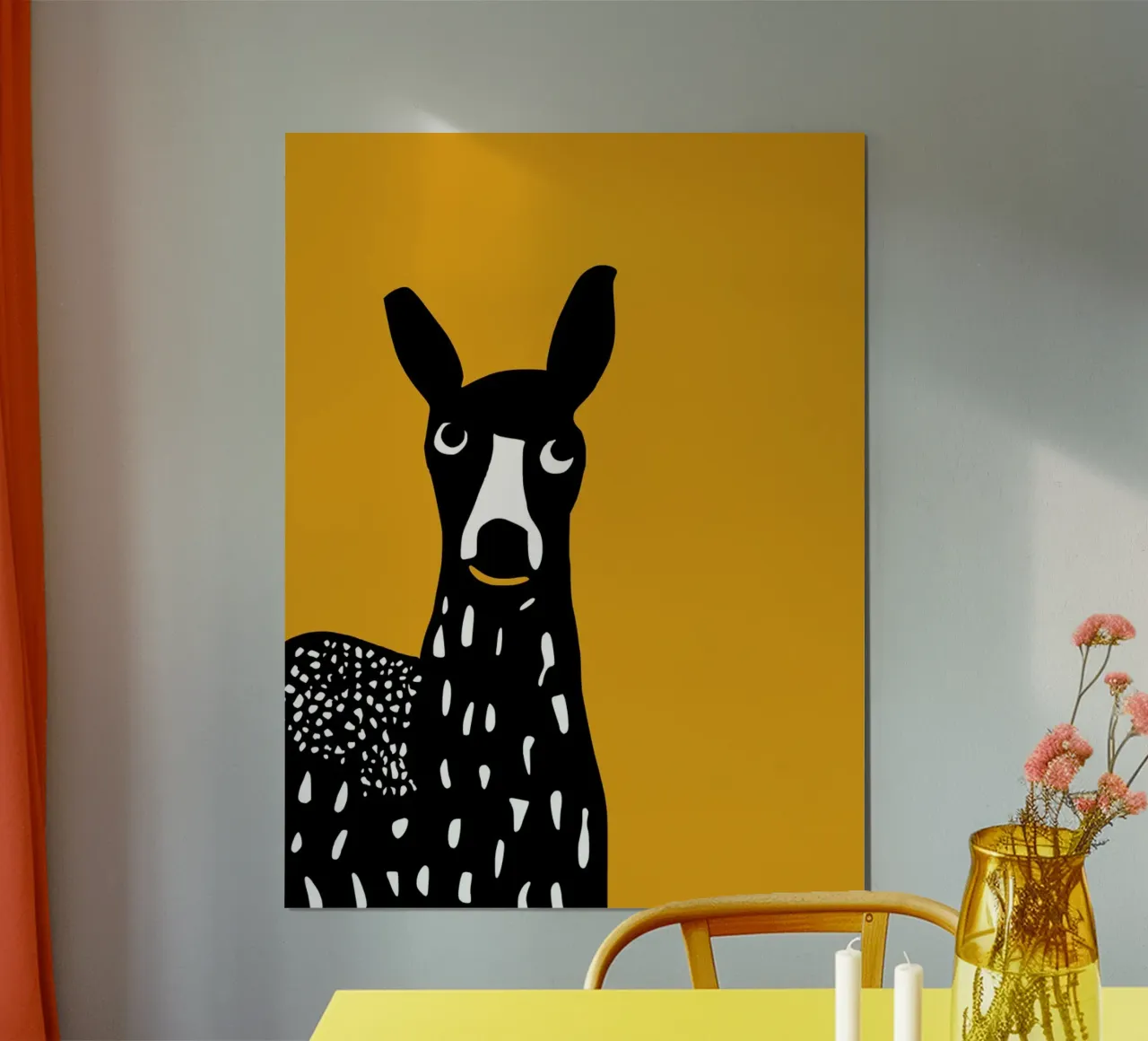 Yellow Lama poster with wooden frame by Hey Vincent
