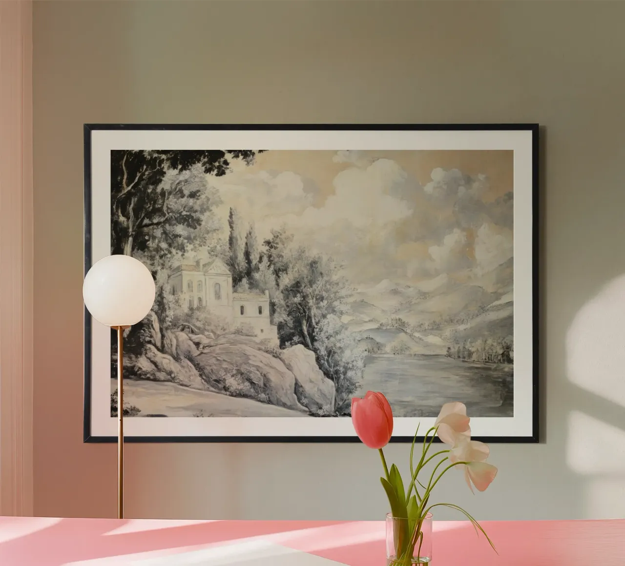 Historic Lakeview Scene poster with wooden frame by Vintage World - Uta Naumann