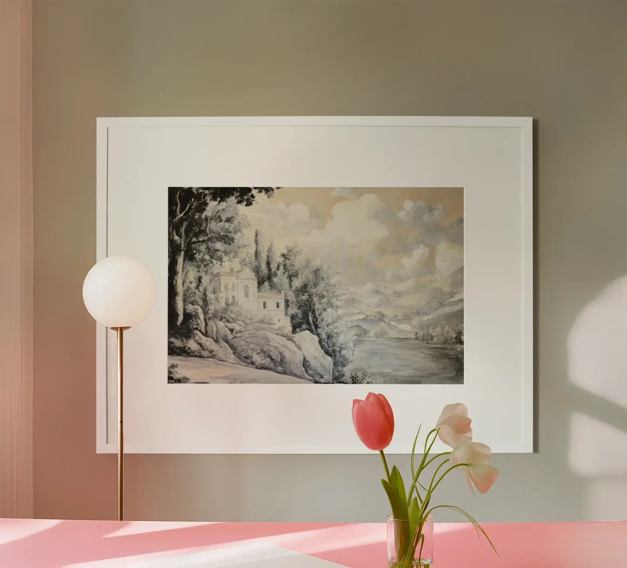 Historic Lakeview Scene poster with wooden frame by Vintage World - Uta Naumann