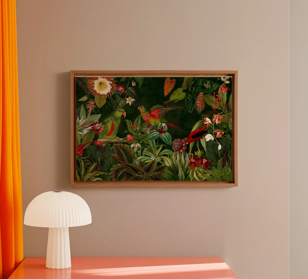 Levendig Vintage Regenwoud Vogels Bos canvas met Baklijst van Vintage World - Uta Naumann