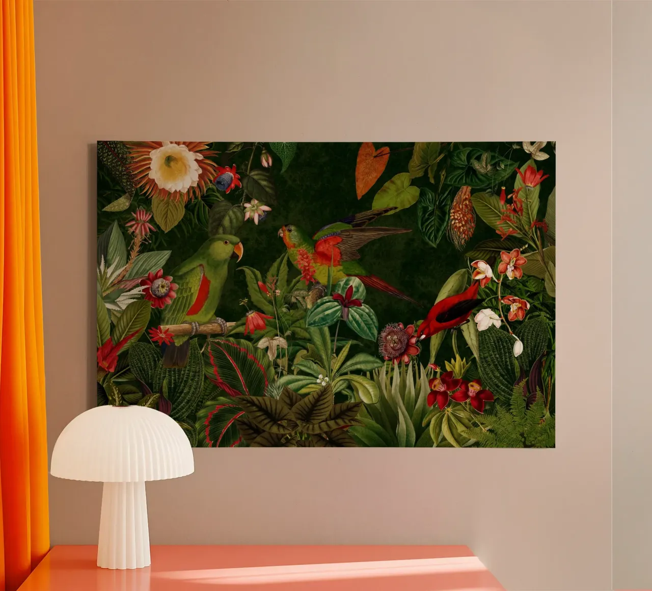 Levendig Vintage Regenwoud Vogels Bos canvas met Baklijst van Vintage World - Uta Naumann