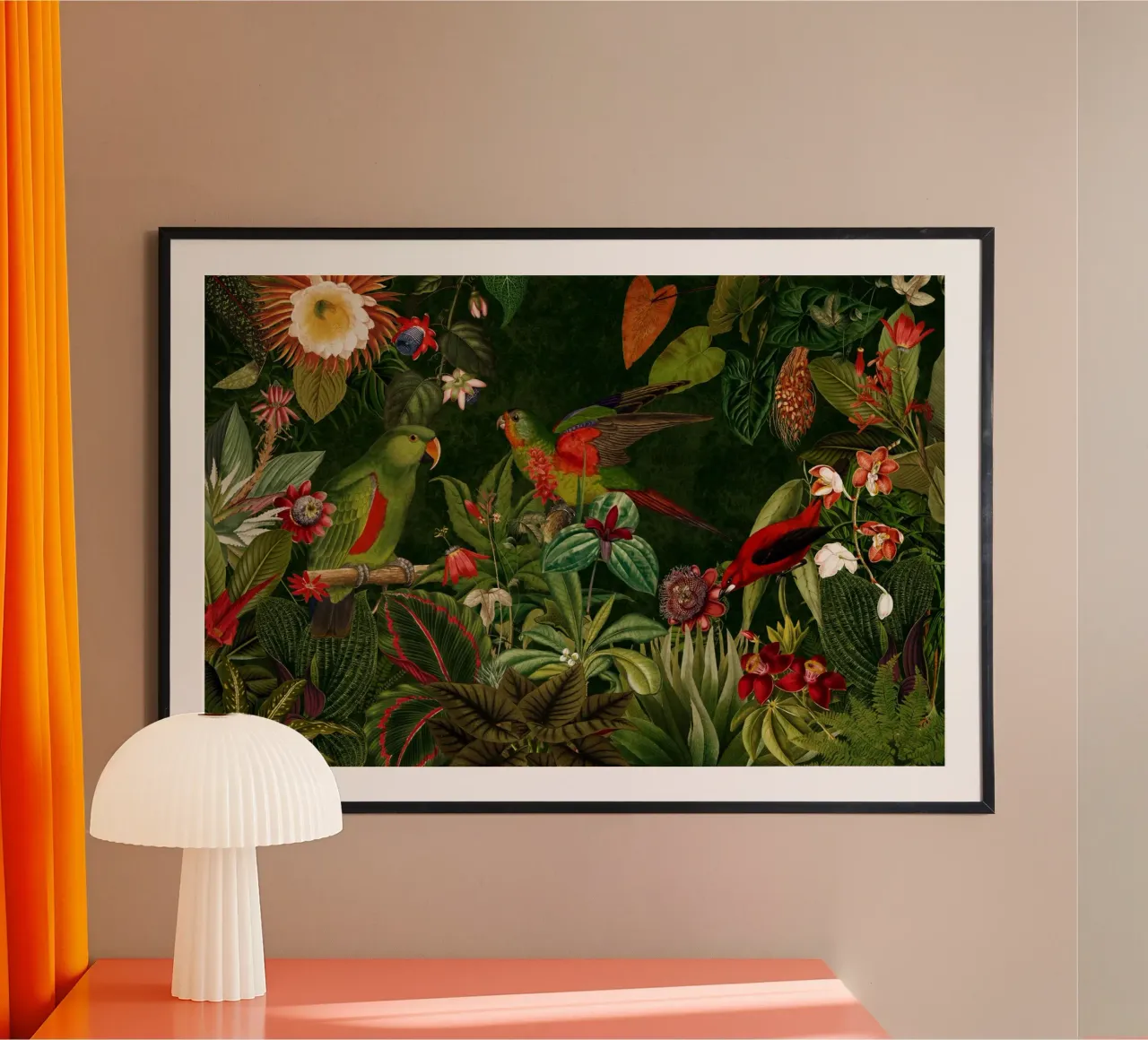 Foresta pluviale vintage vibrante Uccelli foresta poster con telaio in legno da Vintage World - Uta Naumann