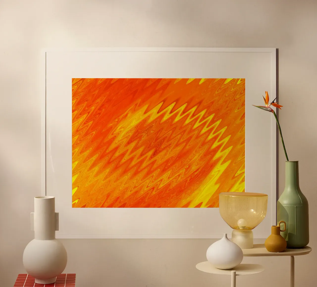 Abstraktes Zick Zack Muster in den Farben orange und gelb Poster mit Holzrahmen von Something for you