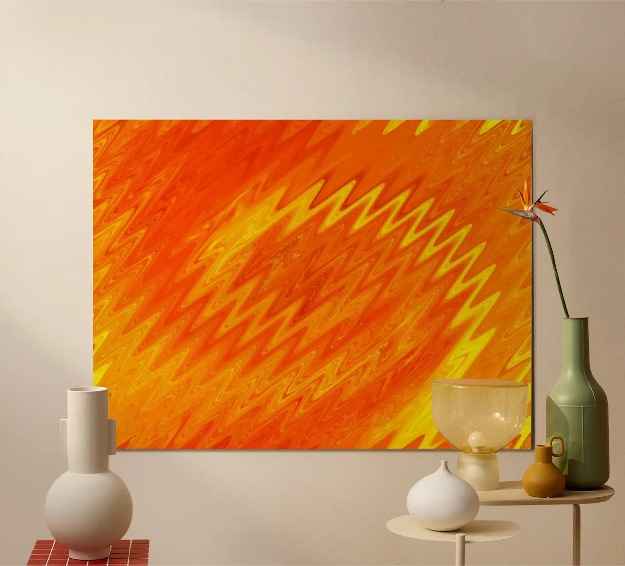 Abstraktes Zick Zack Muster in den Farben orange und gelb Poster mit Holzrahmen von Something for you