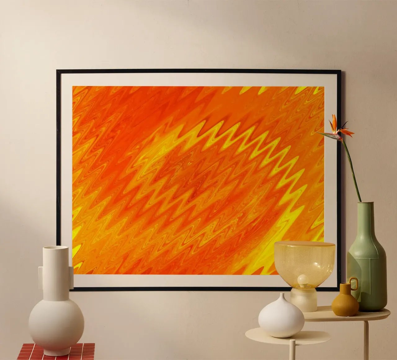 Abstraktes Zick Zack Muster in den Farben orange und gelb Poster mit Holzrahmen von Something for you